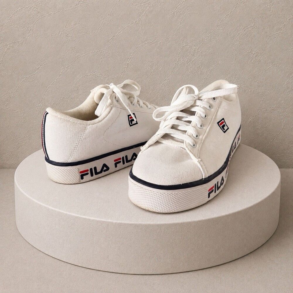 FILA Multilogo Premium V3 Canvas Y2K Chunky Platform Sneakers White Women 6.5